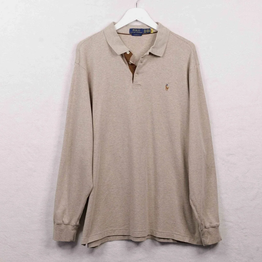 POLO RALPH LAUREN Classic Fit Long Sleeve Polo Shirt Tan Flesh Pony Mens XXL